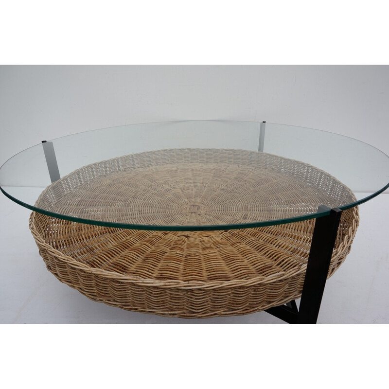 Mid century Dutch coffee table with rattan magazine basket - 1960s