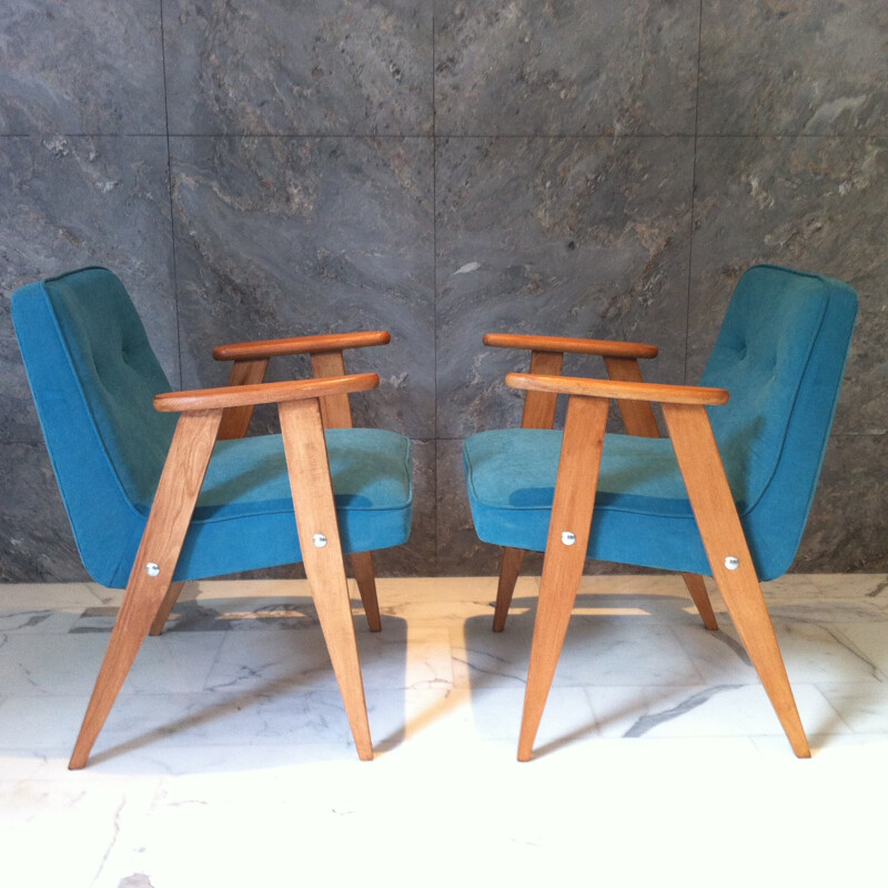 Pair of "366" petrol blue armchairs, Jozef CHIEROWSKI - 1960s