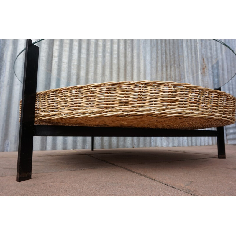 Mid century Dutch coffee table with rattan magazine basket - 1960s