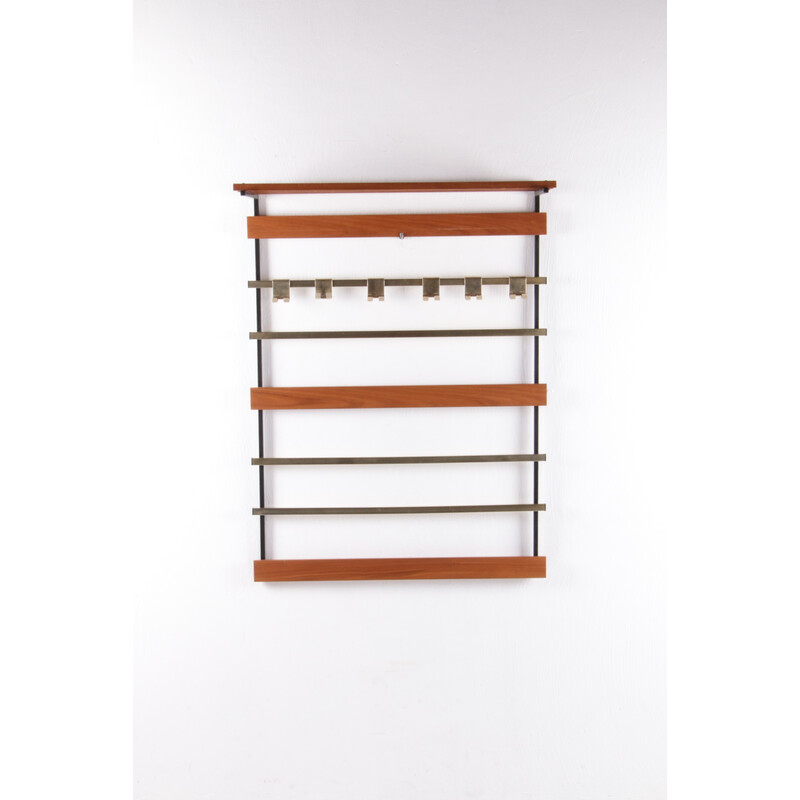 Vintage chrome and wood wall coat rack with hat shelf, 1960s