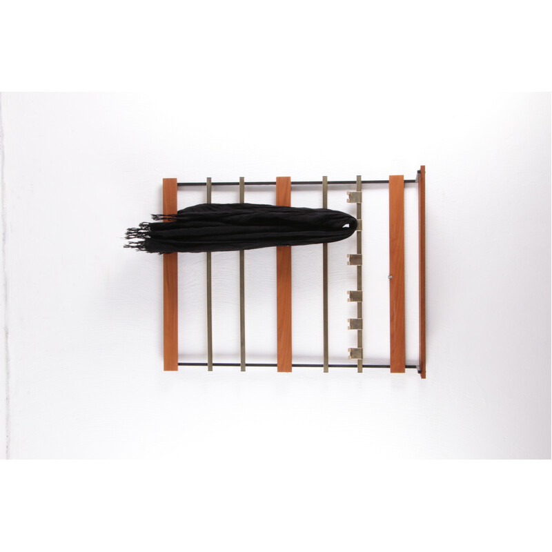 Vintage chrome and wood wall coat rack with hat shelf, 1960s