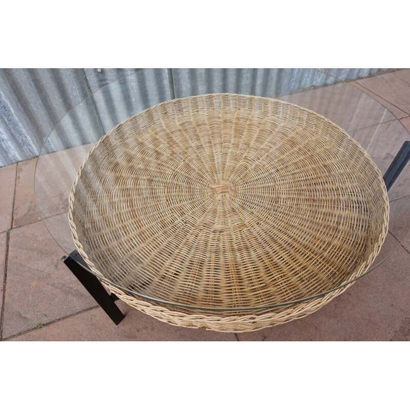 Mid century Dutch coffee table with rattan magazine basket - 1960s