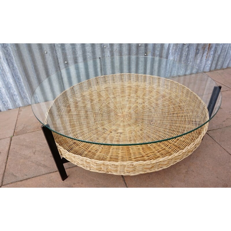 Mid century Dutch coffee table with rattan magazine basket - 1960s