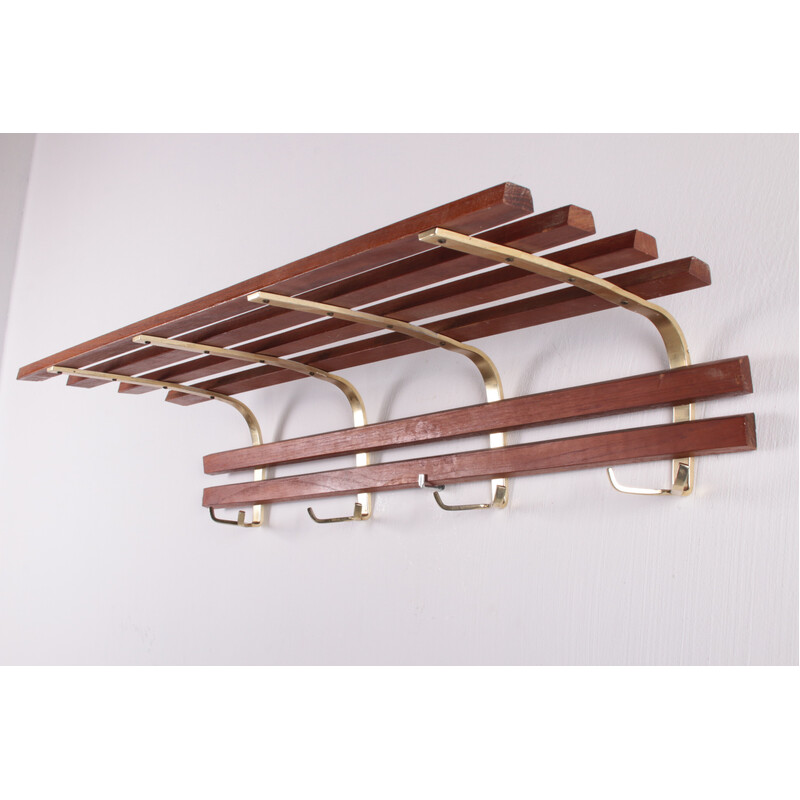 Vintage teak wall coat rack with brass hooks, Denmark 1960