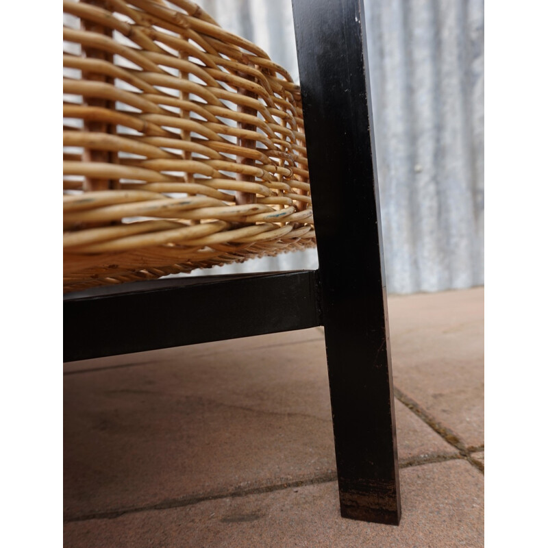 Mid century Dutch coffee table with rattan magazine basket - 1960s