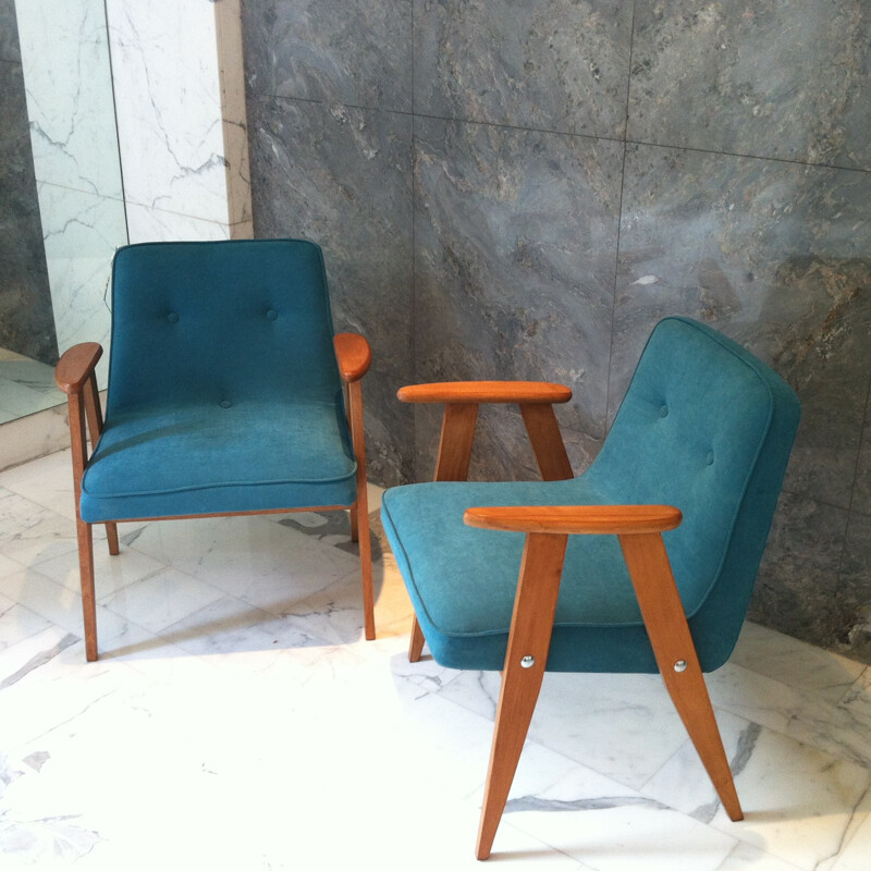 Pair of "366" petrol blue armchairs, Jozef CHIEROWSKI - 1960s