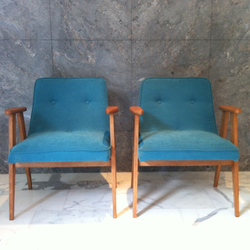 Pair of "366" petrol blue armchairs, Jozef CHIEROWSKI - 1960s