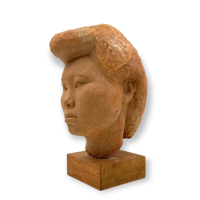 Vintage terracotta japanese girl Akito head sculpture by Willy Gordon, France 1940s