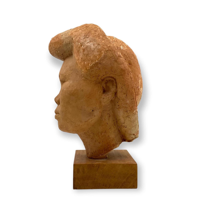 Vintage terracotta japanese girl Akito head sculpture by Willy Gordon, France 1940s