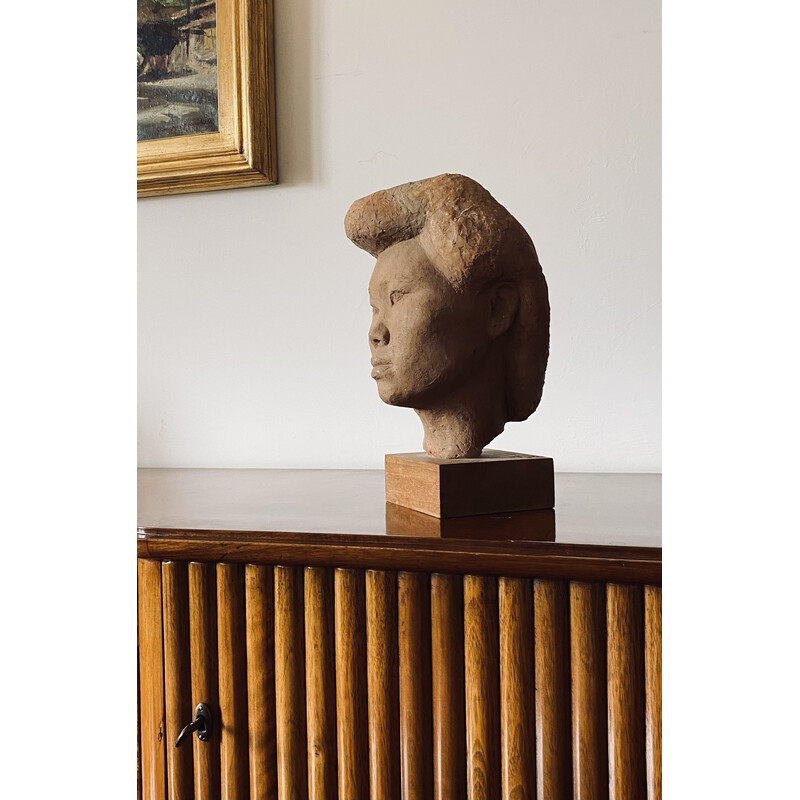 Vintage terracotta japanese girl Akito head sculpture by Willy Gordon, France 1940s