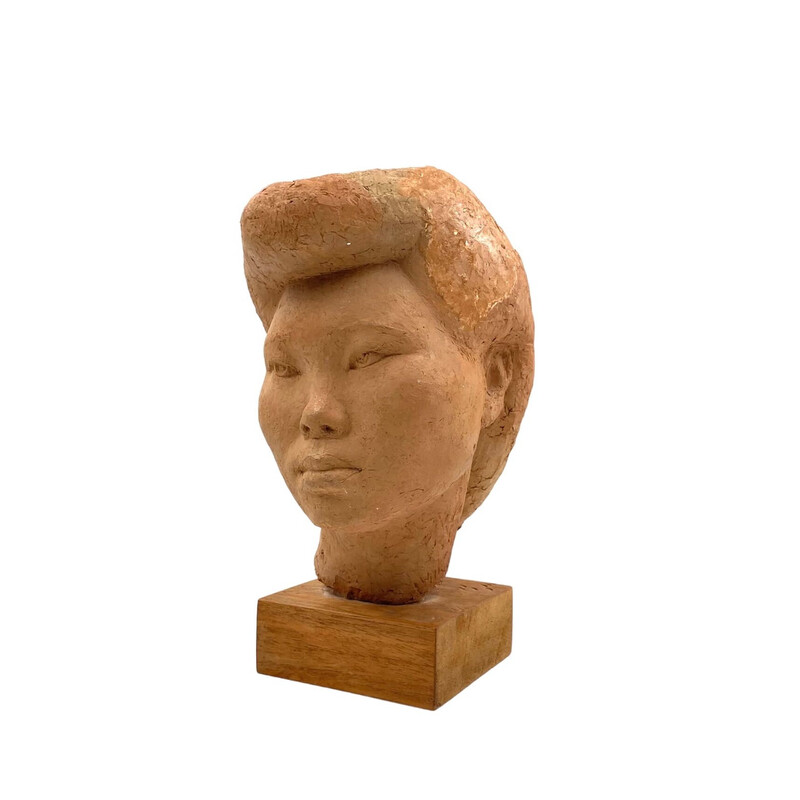 Sculpture de tête de jeune fille japonaise vintage Akito en terre cuite par Willy Gordon, France 1940