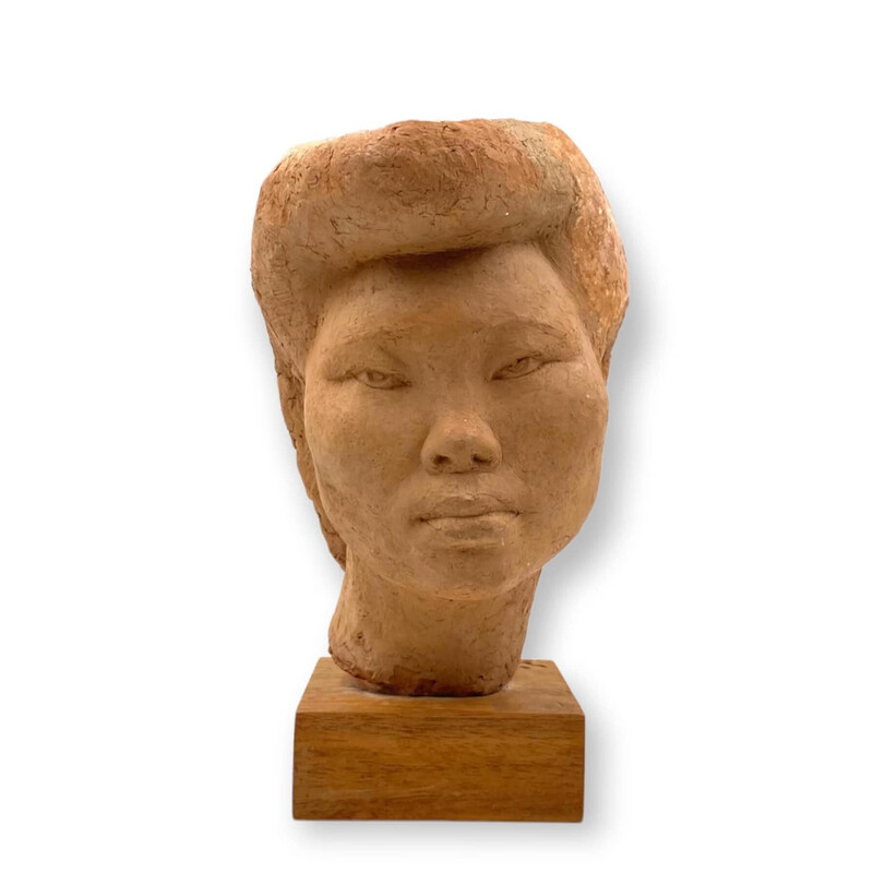 Vintage Terrakotta japanisches Mädchen Akito Kopf Skulptur von Willy Gordon, Frankreich 1940er Jahre