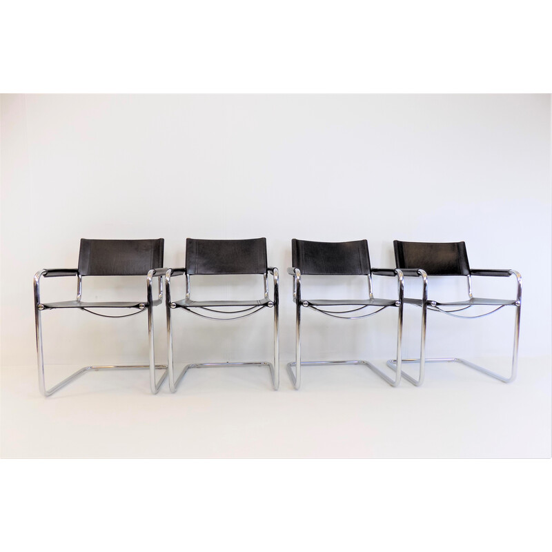 Ensemble de 4 chaises cantilever vintage Matteo Grassi Mg5 en cuir par Mart Stam