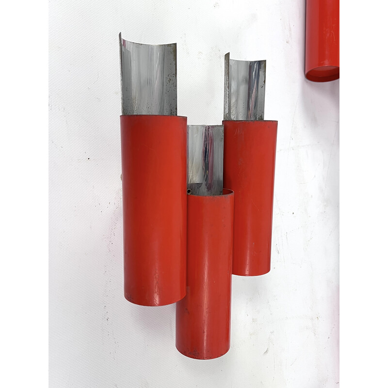 Set of 10 mid-century red and chrome wall lamps by Stilnovo, Italy 1970s