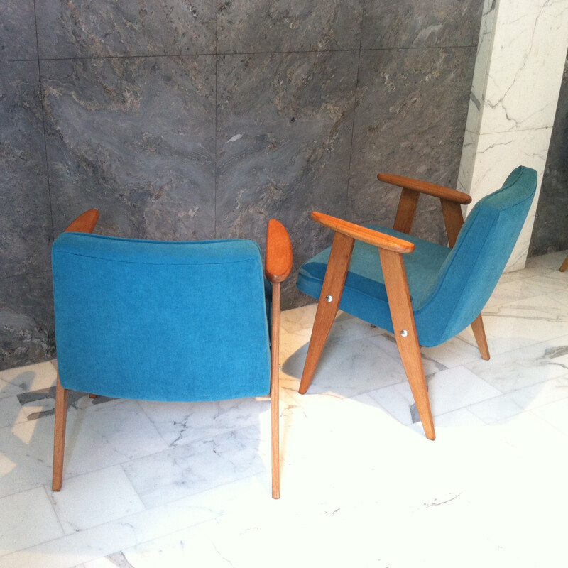 Pair of "366" petrol blue armchairs, Jozef CHIEROWSKI - 1960s