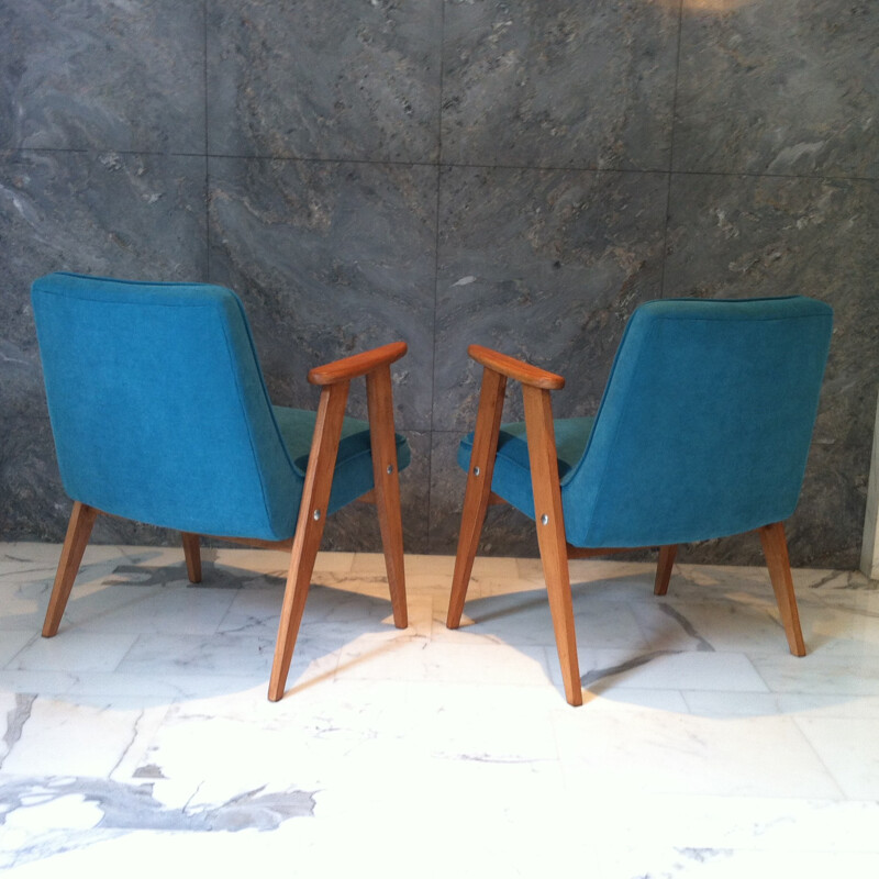 Pair of "366" petrol blue armchairs, Jozef CHIEROWSKI - 1960s