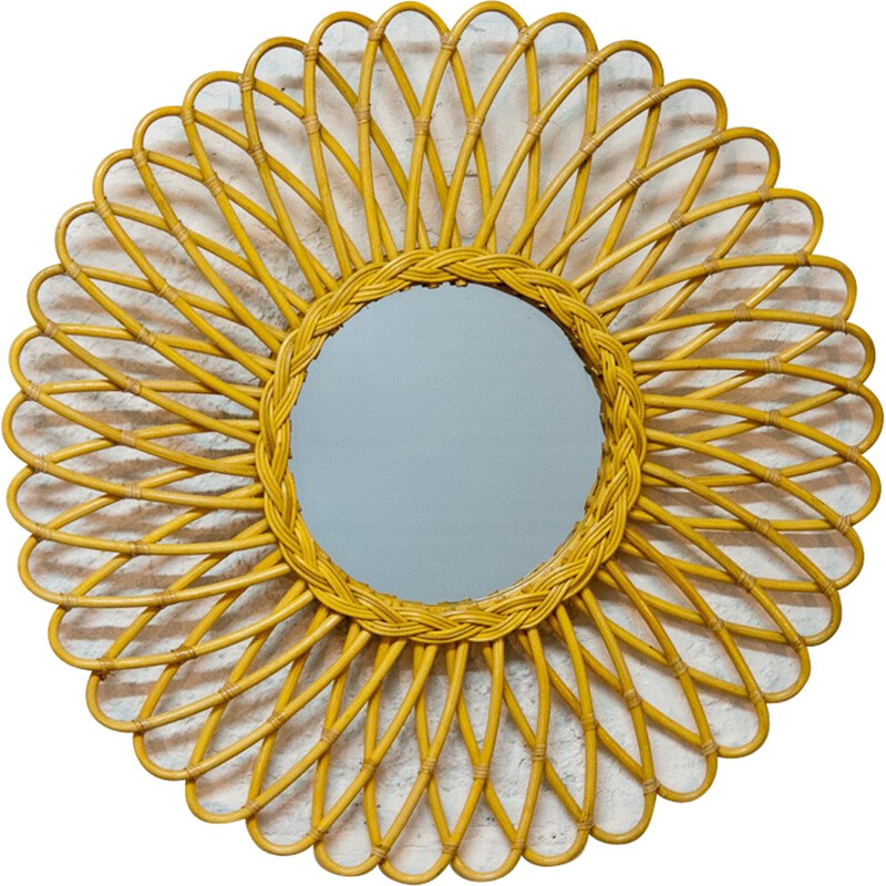 Sun shaped  mirror with rattan curved rods - 2000s