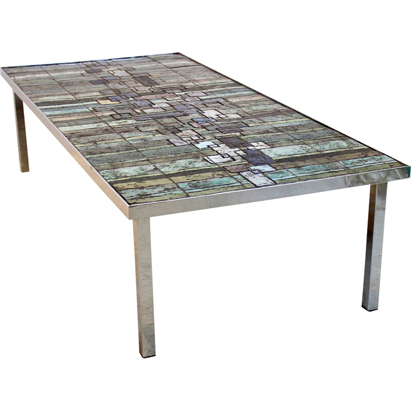 Vintage slate and ceramic mosaic artwork coffee table by Pia Manu for Amphora, Belgium 1970s