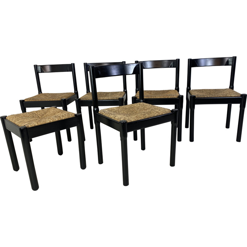 Set van 6 vintage zwart beukenhout en papercord Carimate eetkamerstoelen van Vico Magistretti, jaren 1960