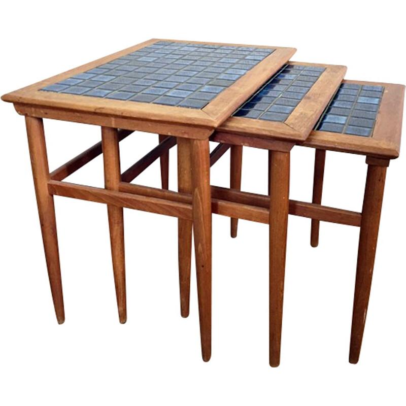 Set of 3 teak and ceramics nesting tables - 1960s