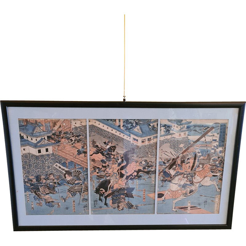 Vintage Japanisch Triptychon Holzschnitt von Utagawa Yoshitora