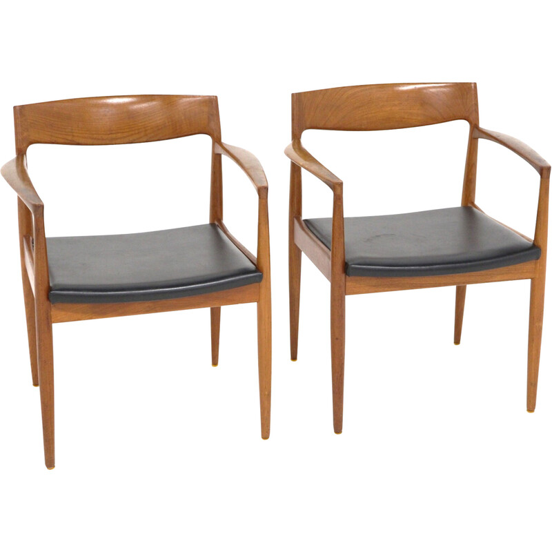 Pair of Scandinavian vintage teak and leather office armchairs, Denmark 1960