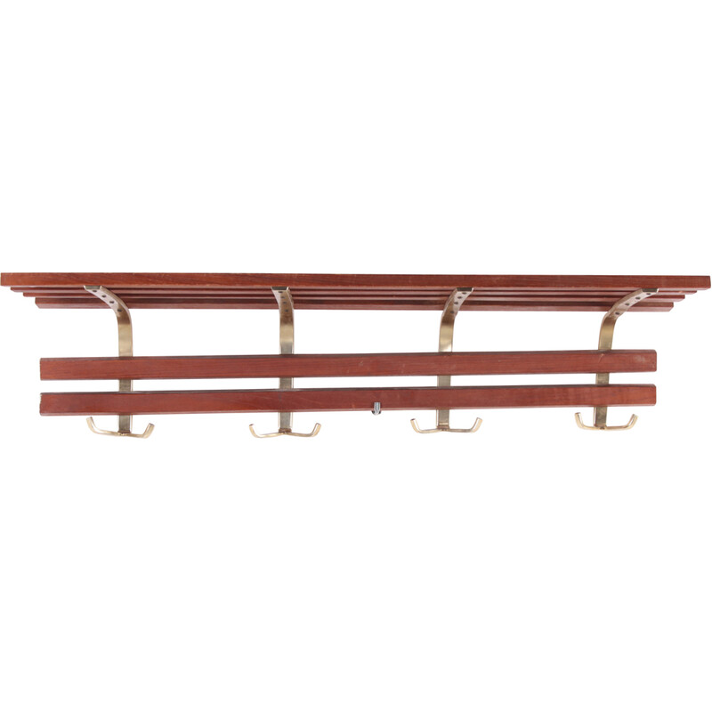 Vintage teak wall coat rack with brass hooks, Denmark 1960