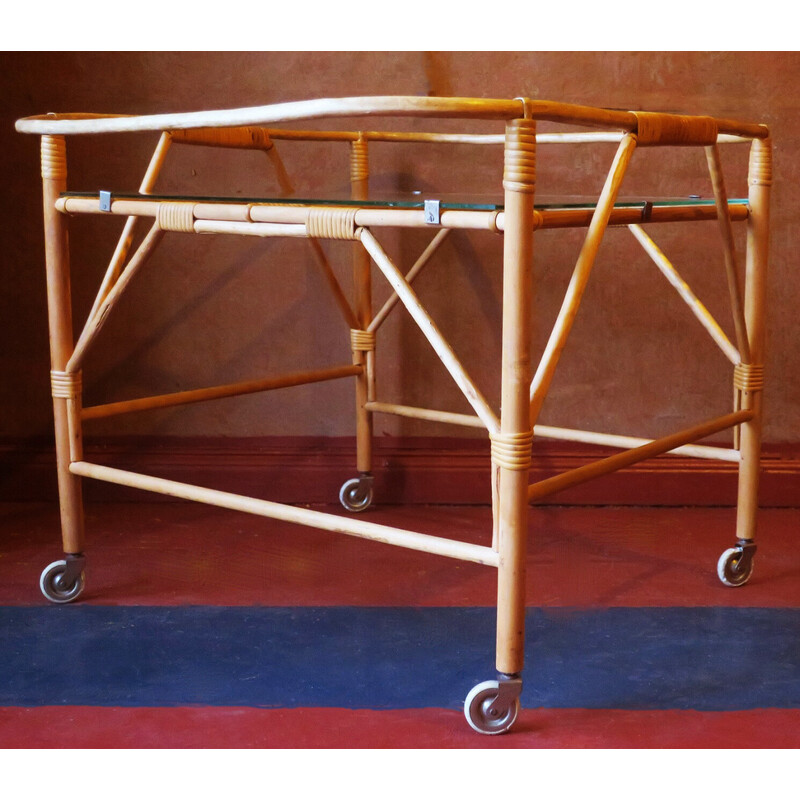 Vintage bamboo and frosted glass slender serving trolley, 1960