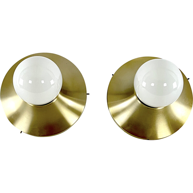 Pair of vintage round gilded aluminum wall lamps by Stilux Milano