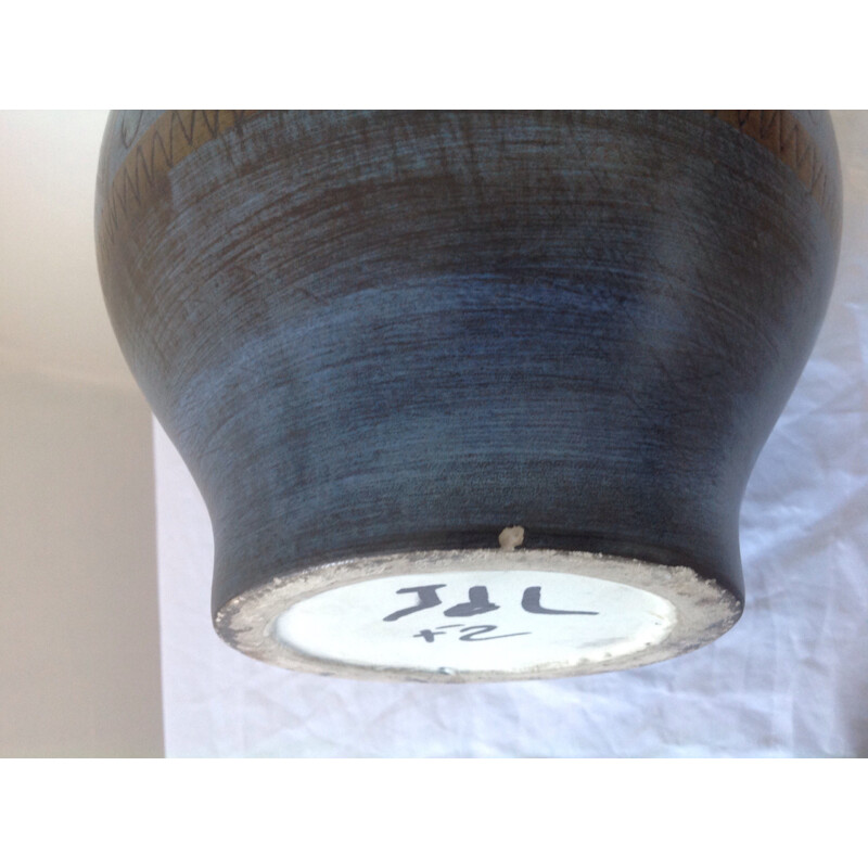 ceramic blue patterned jug by Jean de Lespinasse - 1950s