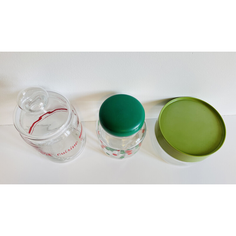 Conjunto de 3 taças de vidro vintage e tachos coloridos