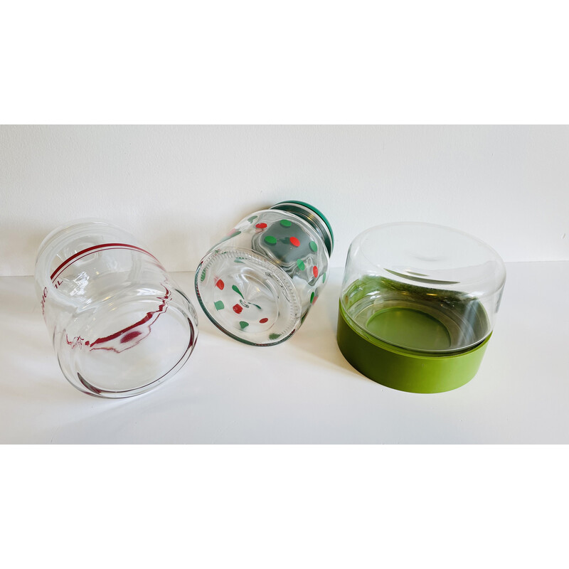 Conjunto de 3 taças de vidro vintage e tachos coloridos