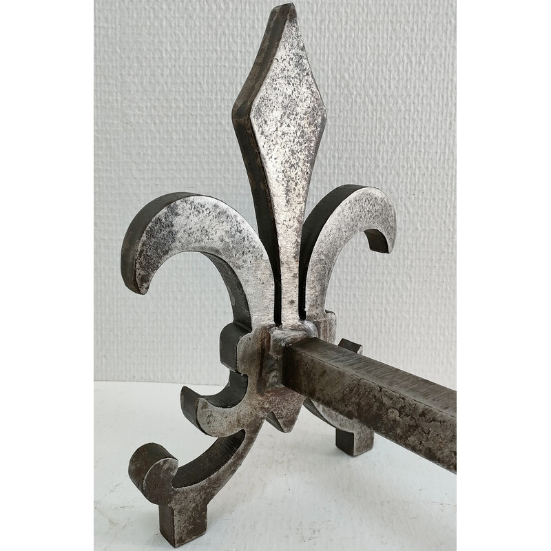 Pair of vintage andirons with fleur-de-lis decoration, 1970