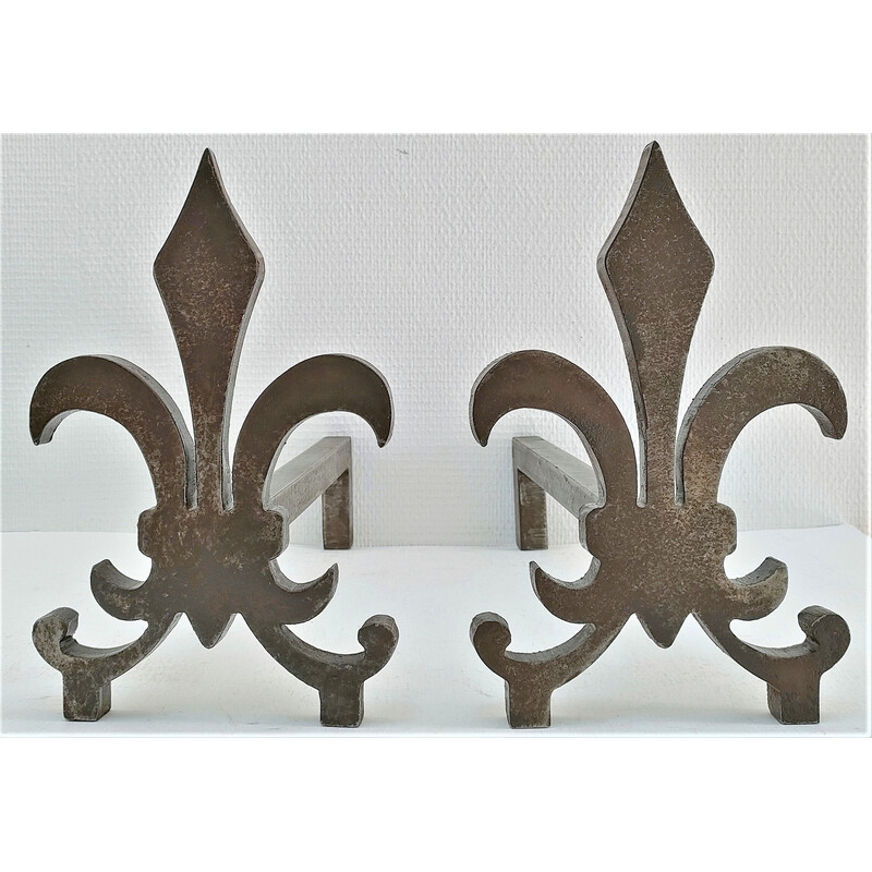 Pair of vintage andirons with fleur-de-lis decoration, 1970