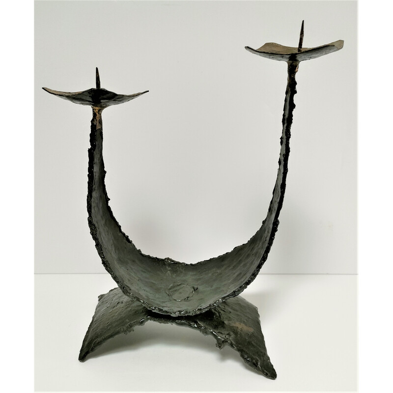Paar vintage Brutalistische sculpturale metalen kandelaars, 1970