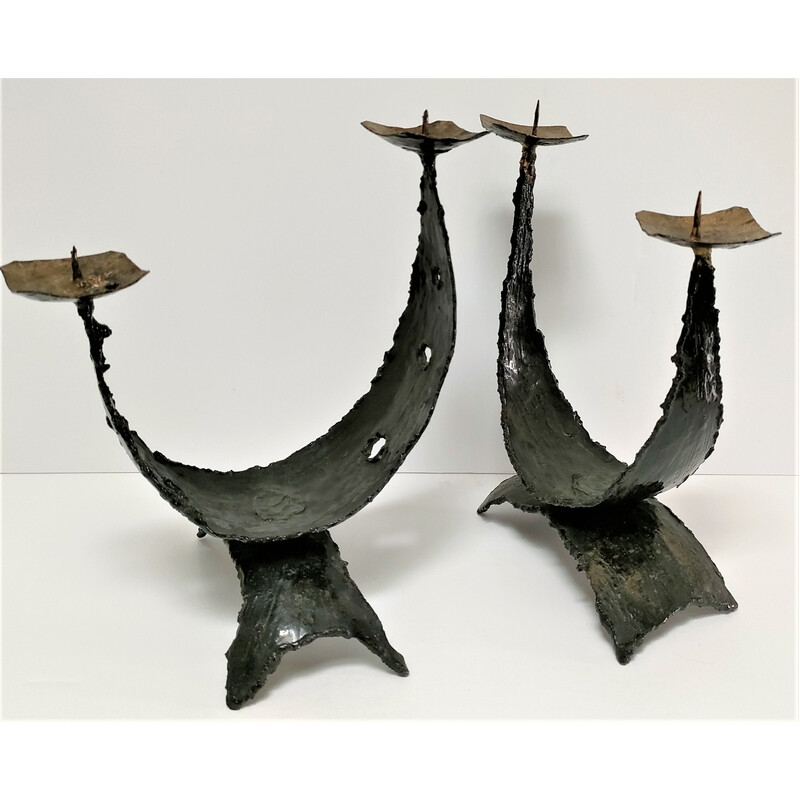 Pair of vintage Brutalist sculptural metal candlesticks, 1970