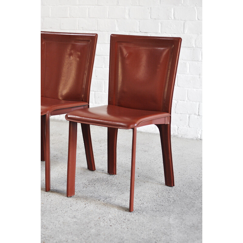 Conjunto de 6 cadeiras de jantar em pele vermelha italiana vintage, década de 1980