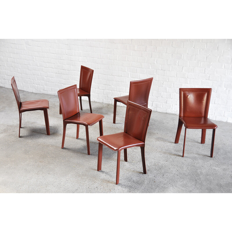 Conjunto de 6 cadeiras de jantar em pele vermelha italiana vintage, década de 1980