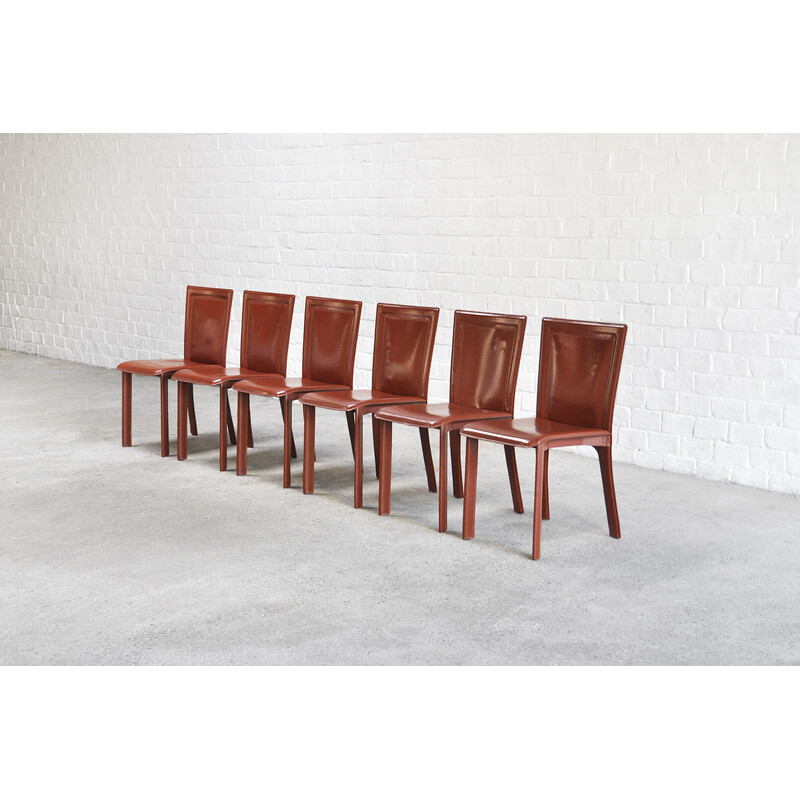 Set of 6 vintage Italian red leather dining chairs, 1980s