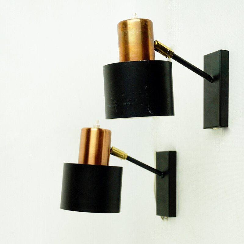 Pair of vintage copper Alfa wall lamps by Jo Hammerborg for Fog and Morup, Denmark 1960s