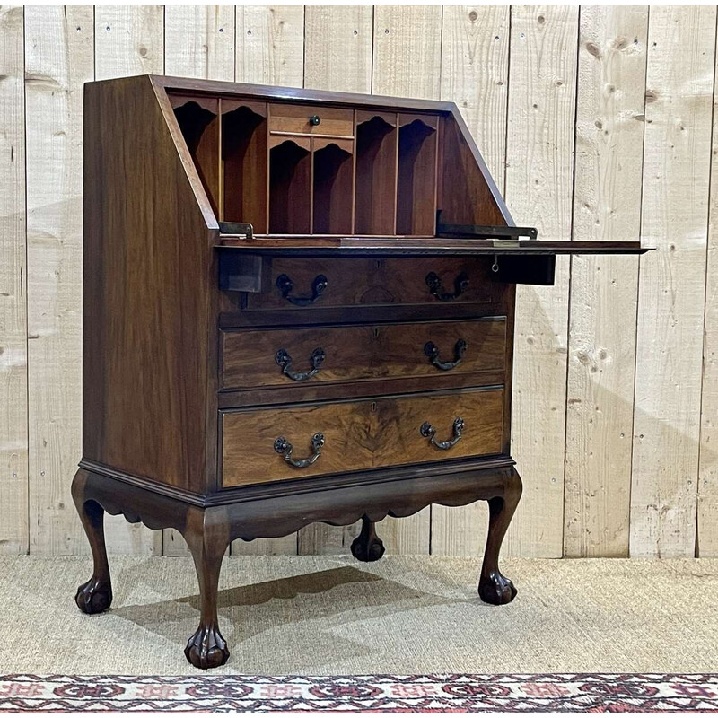 Vintage English donkey back desk in walnut, 1930