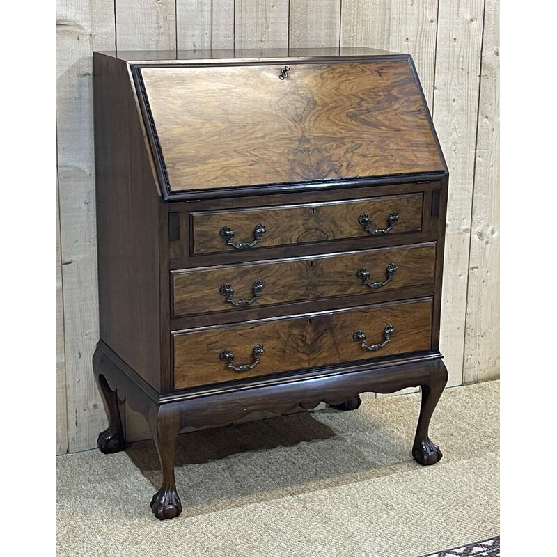 Vintage English donkey back desk in walnut, 1930