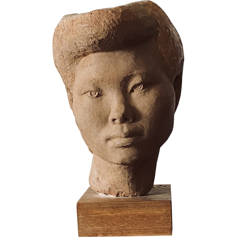 Vintage terracotta japanese girl Akito head sculpture by Willy Gordon, France 1940s