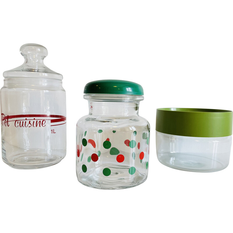 vork meer Doe mee Set van 3 vintage glazen en gekleurde potten