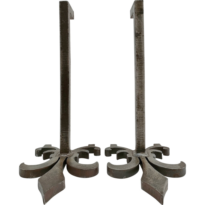 Pair of vintage andirons with fleur-de-lis decoration, 1970