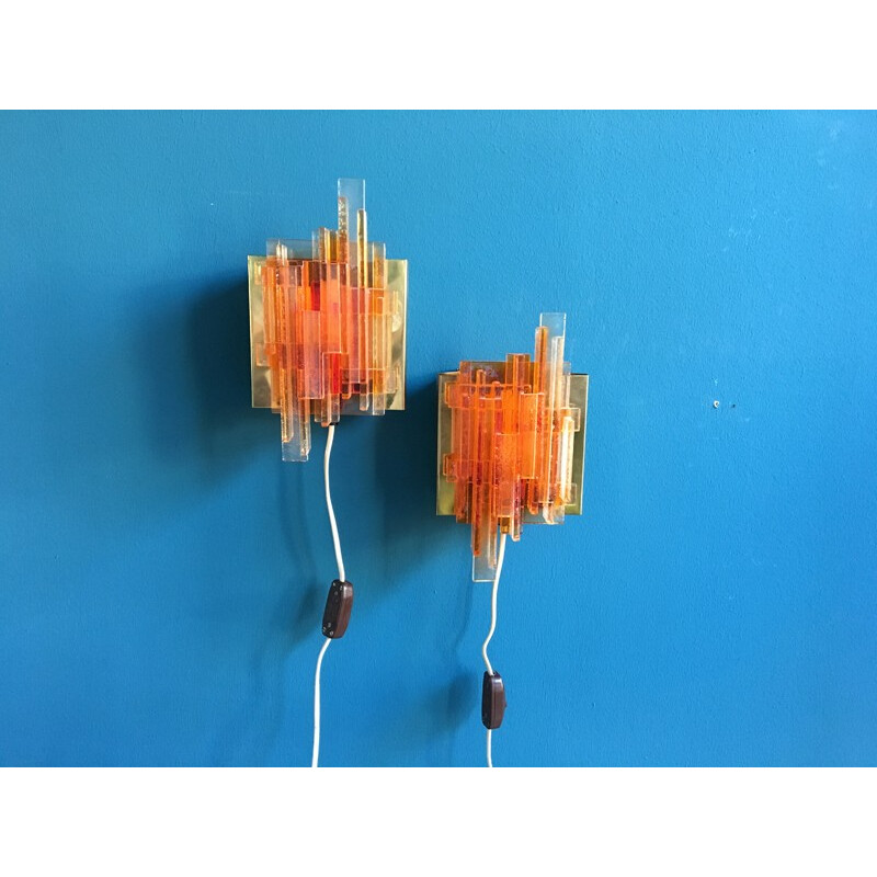 Set of 2 orange acrylic wall lights by Claus Bolby - 1970s