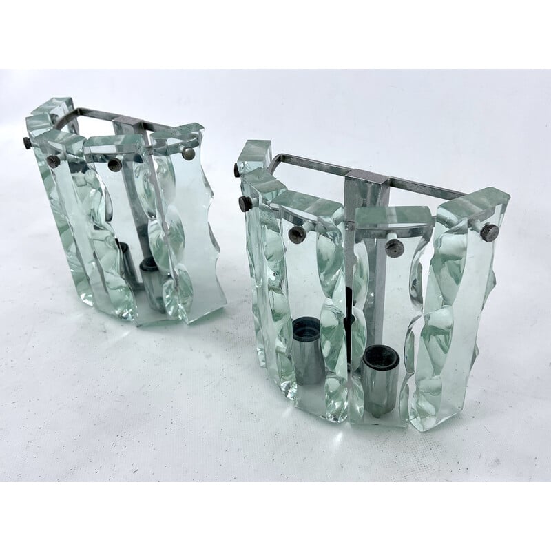 Pair of mid-century cut glass wall lamps by Zero Quattro, Italy 1970s