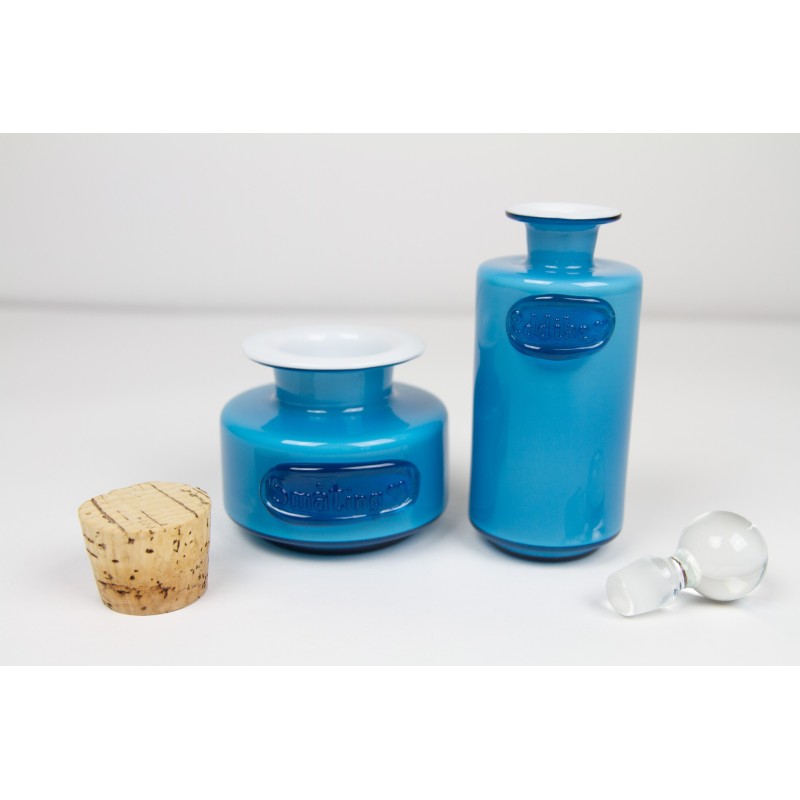 Pair of vintage Danish Palet blue glass jars by Michael Bang for Holmegaard, 1960s