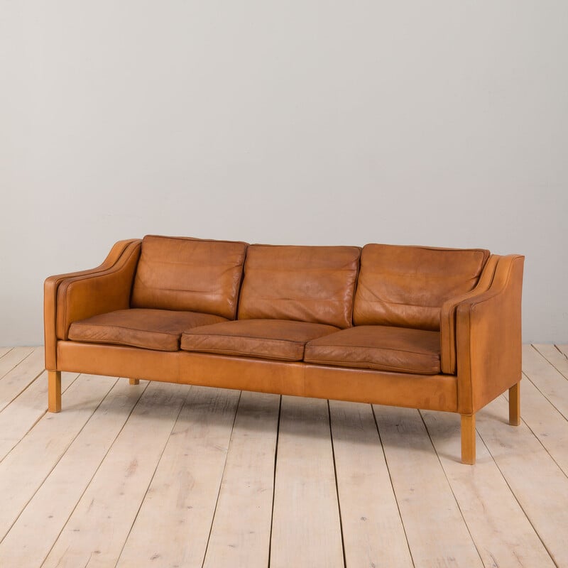 Canberra Larry Belmont Laboratorium Vintage light cognac aniline leather 3 seater sofa by Mogens Hansen,  Denmark 1970s