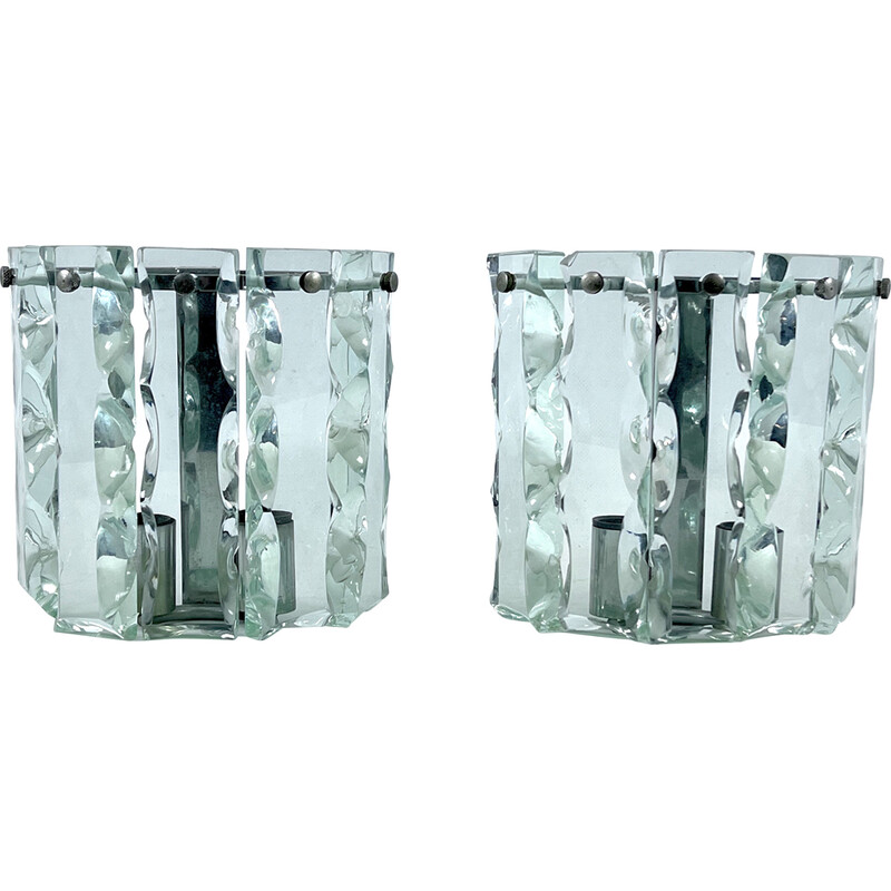 Pair of mid-century cut glass wall lamps by Zero Quattro, Italy 1970s